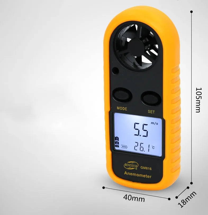 Orange digital portable wind speed measuring instrument with display showing wind speed readings