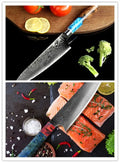 Kitchen knife set with chef's knife, meat cutter, bread knife, Japanese style knives, vegetable knife, and fruit peel knife