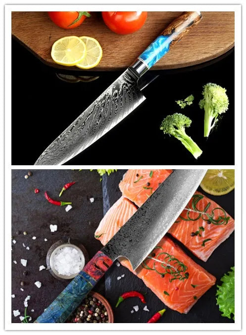 Kitchen knife set with chef's knife, meat cutter, bread knife, Japanese style knives, vegetable knife, and fruit peel knife