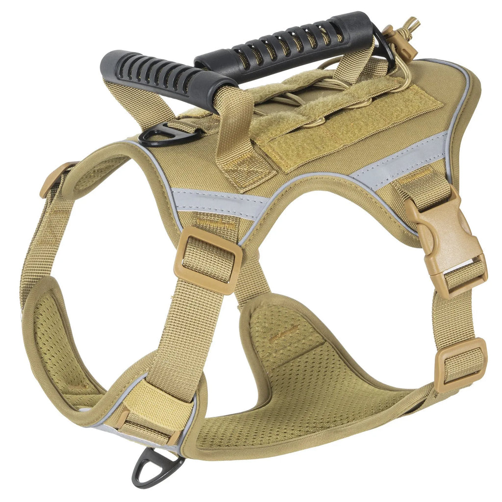 Monochrome tactical dog harness with a back handle and chest strap on a dog.