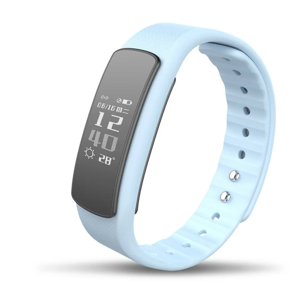 Black I6 smart sports bracelet with a 0.96-inch display on a grey background.