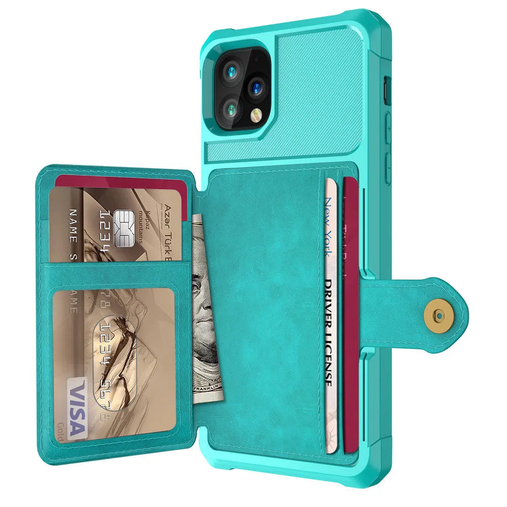 Imitation leather iPhone case with card slots in back, shown in black, blue, green, pink, and red colours.