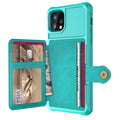 Imitation leather iPhone case with card slots in back, shown in black, blue, green, pink, and red colours.