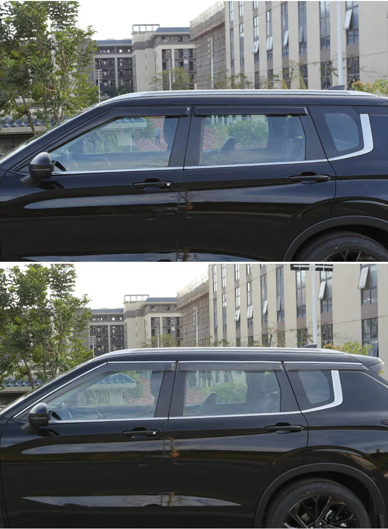 Black and translucent plastic window deflectors installed on a grey Mitsubishi Outlander SUV.