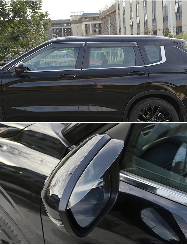 Black and translucent plastic window deflectors installed on a grey Mitsubishi Outlander SUV.