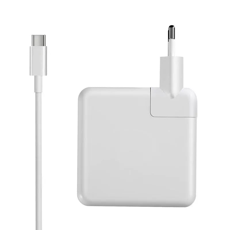 Compact square white laptop USB-C power adapter with optional international plug heads