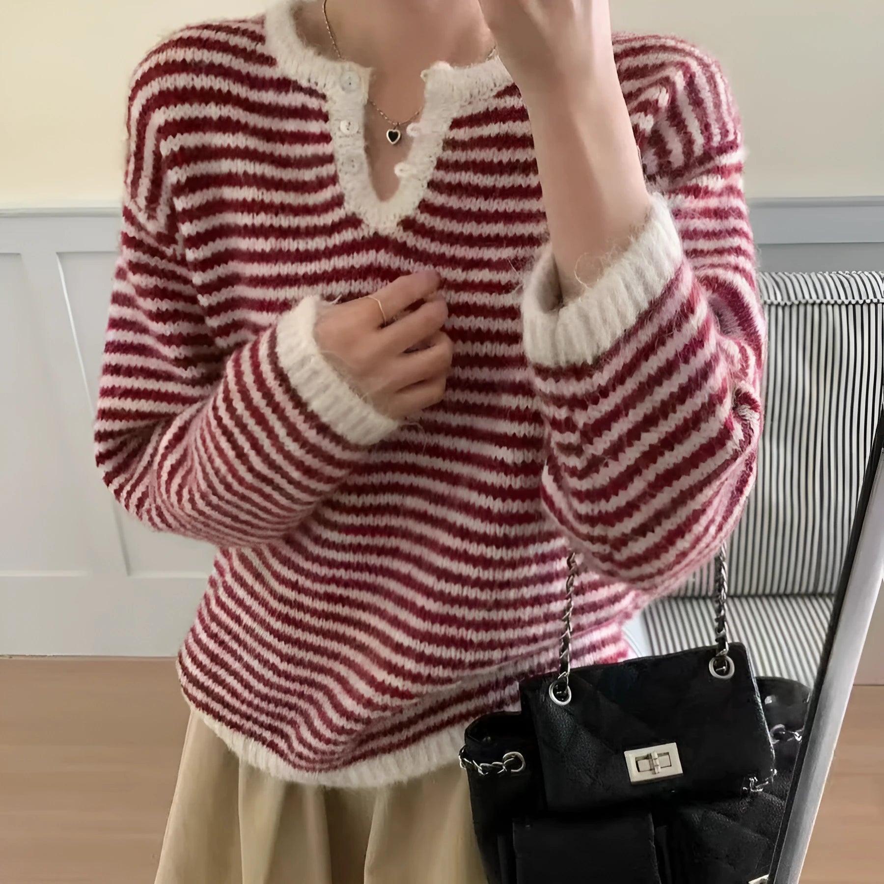 Red and blue cashmere stripe pullover sweater with Plaid pattern and loose fit