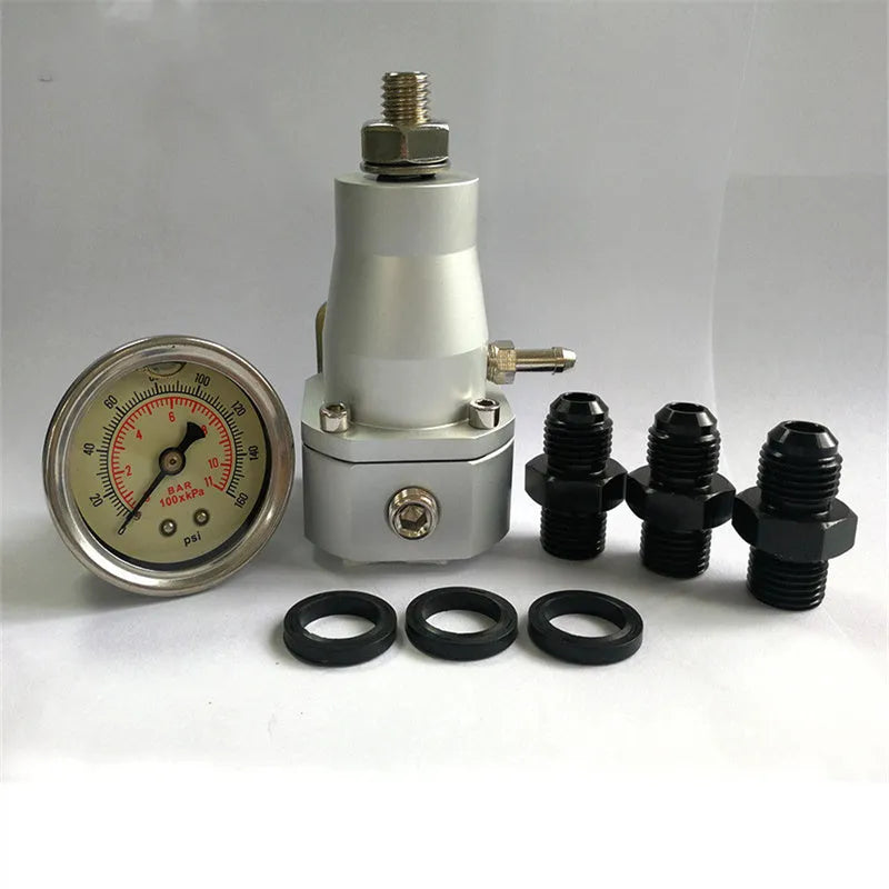 Black CNC aluminium fuel pressure regulator with adjustment port and mounting strap