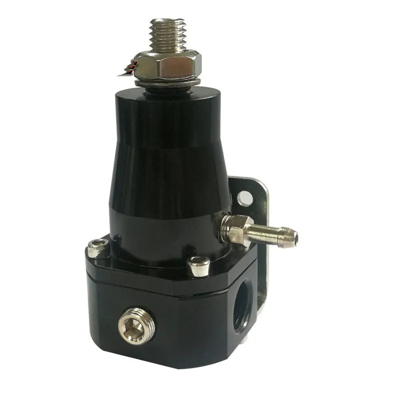 Black CNC aluminium fuel pressure regulator with adjustment port and mounting strap