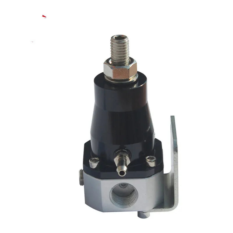 Black CNC aluminium fuel pressure regulator with adjustment port and mounting strap