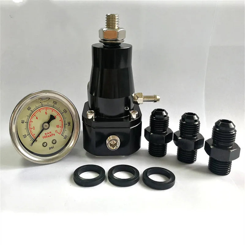Black CNC aluminium fuel pressure regulator with adjustment port and mounting strap