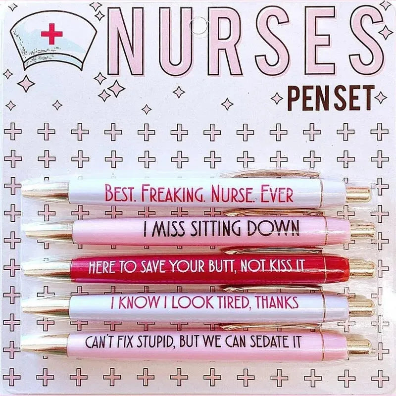 Five nurse theme ballpoint pens with humorous decoration arranged together