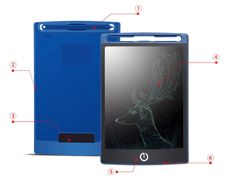 LCD writing tablet with ABS frame, erase button, 150 x 122 x 7mm size and black, white, blue, green or red body