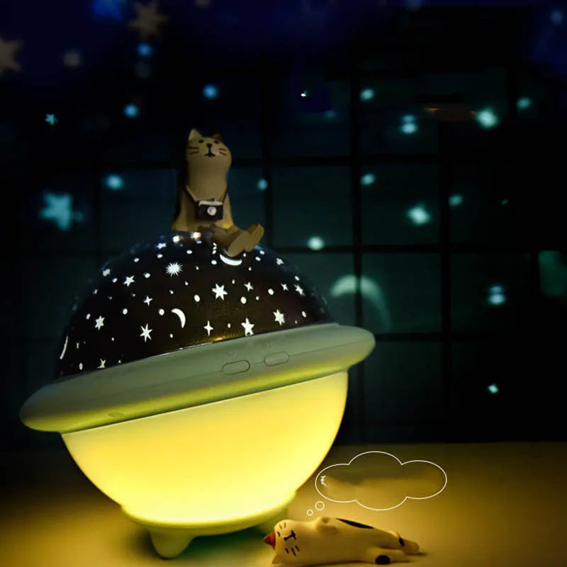 UFO-shaped starry sky light projection night light in green, pink, or white with LED technology and compact dimensions