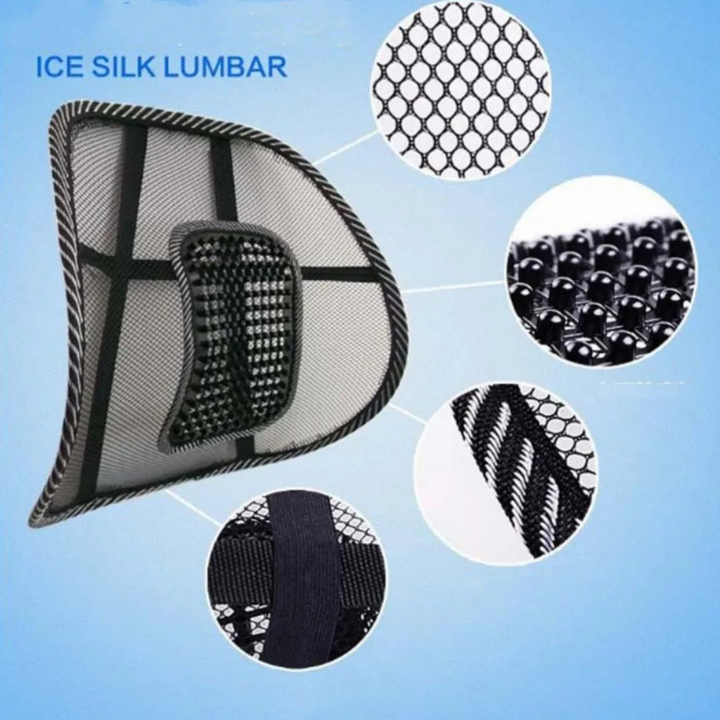 Black car lumbar support pillow with leather nail pattern measuring 41cm by 39cm