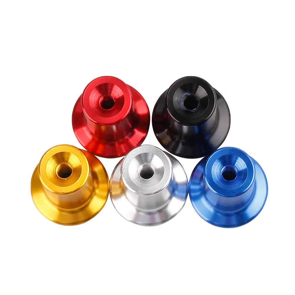 Aluminium alloy handbrake release button cap for car modification in gold, silver, black, blue, and red colours.