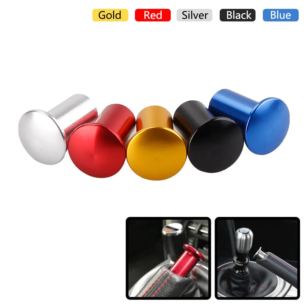 Aluminium alloy handbrake release button cap for car modification in gold, silver, black, blue, and red colours.