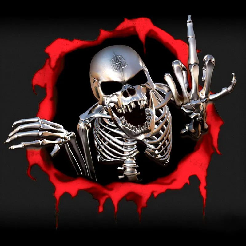 Reflective metal skull car sticker with colourful broken shell pattern measuring 15×14cm