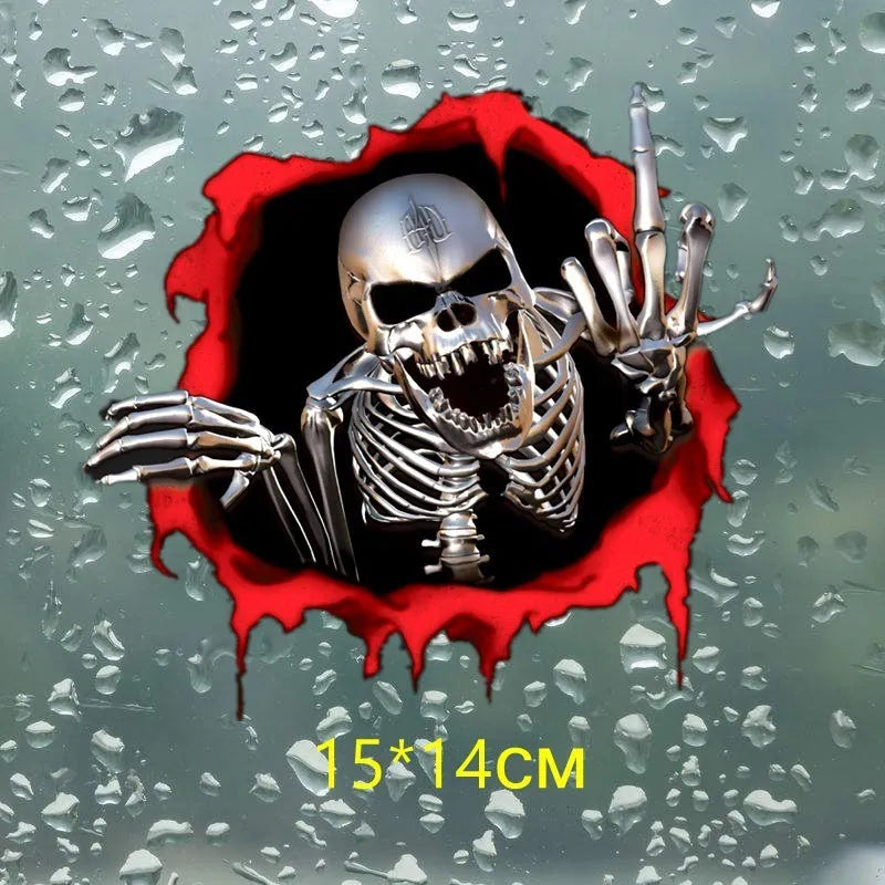 Reflective metal skull car sticker with colourful broken shell pattern measuring 15×14cm