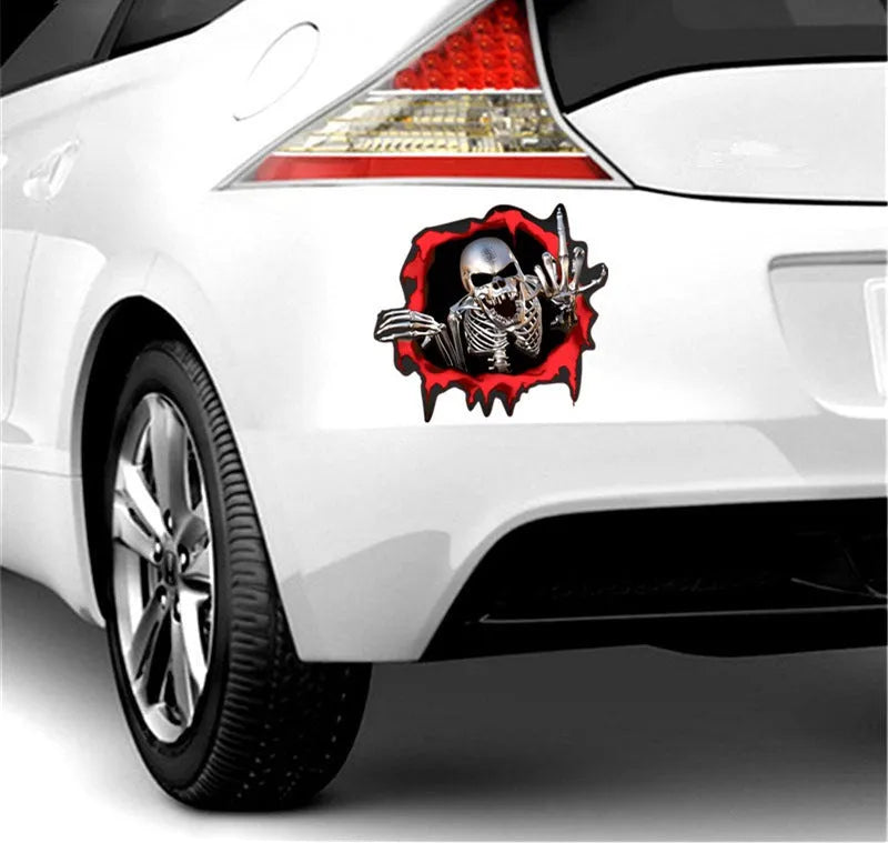 Reflective metal skull car sticker with colourful broken shell pattern measuring 15×14cm