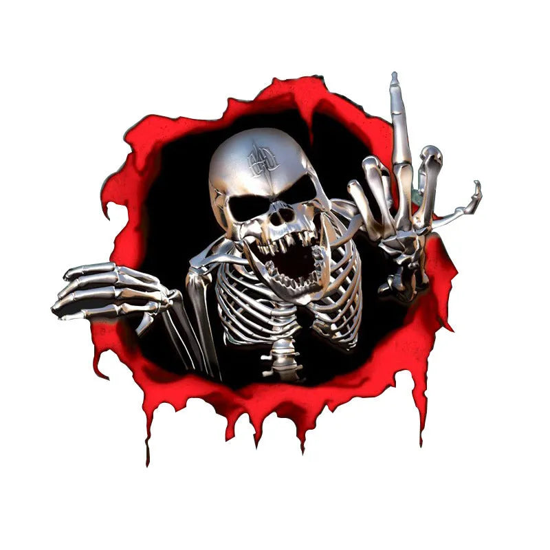 Reflective metal skull car sticker with colourful broken shell pattern measuring 15×14cm