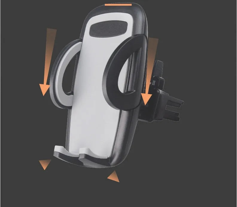 Black plastic mobile phone holder attached to car air conditioning vent with phone secured