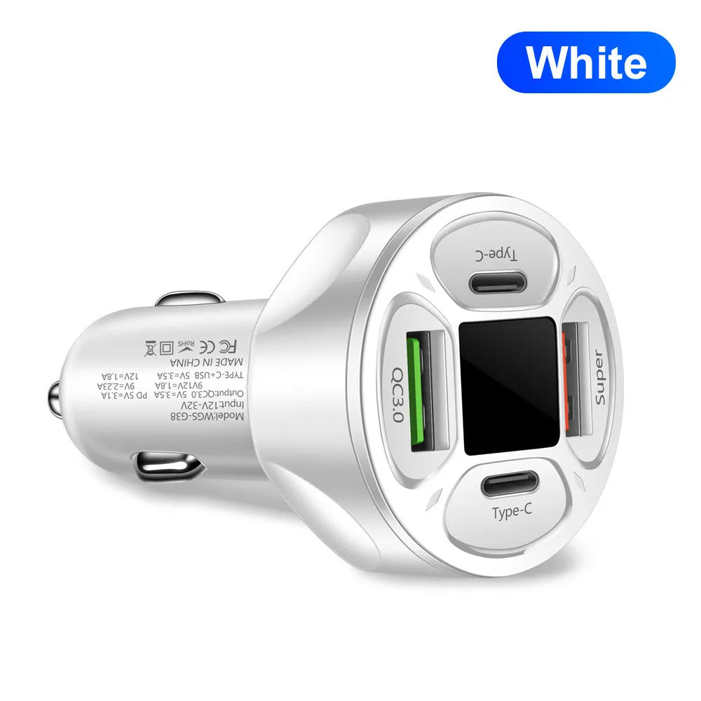 Black and white 66W car charger with digital display, two USB and two Type-C ports.