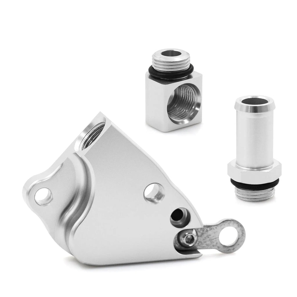 Honda K series intake manifold coolant adapter for K20 and K24 engines with mounting hardware