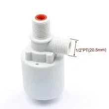 White automatic nylon float valve with threaded connection for water tank level control.