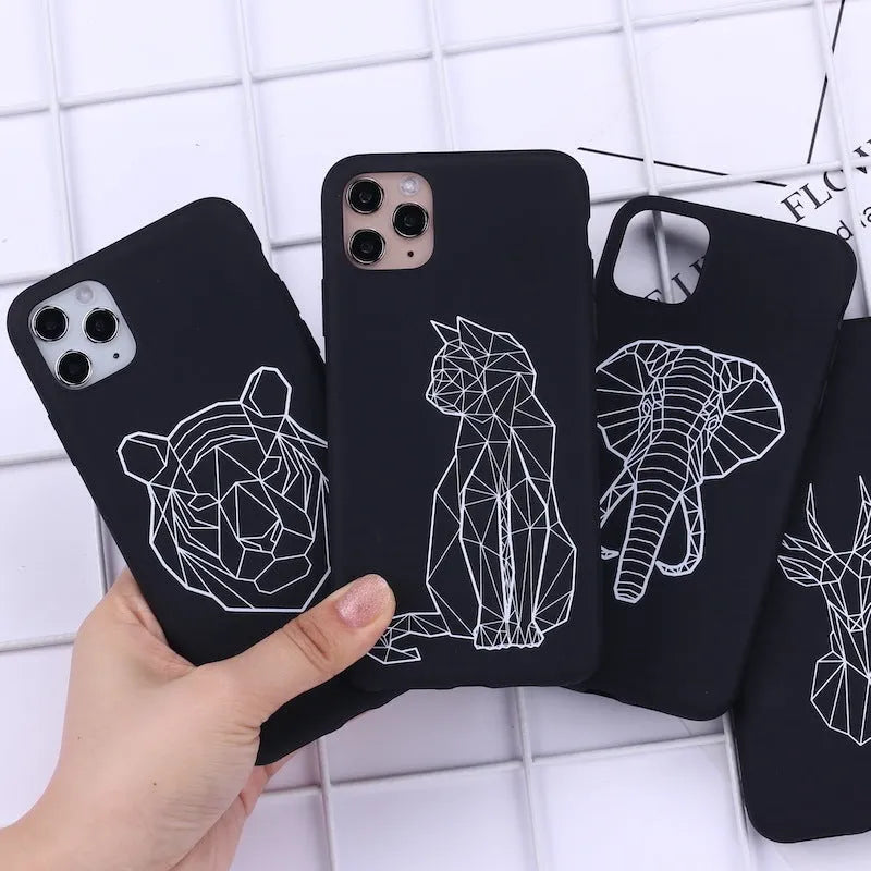 Painted animal line art TPU phone case for iPhone with graffiti-style designs