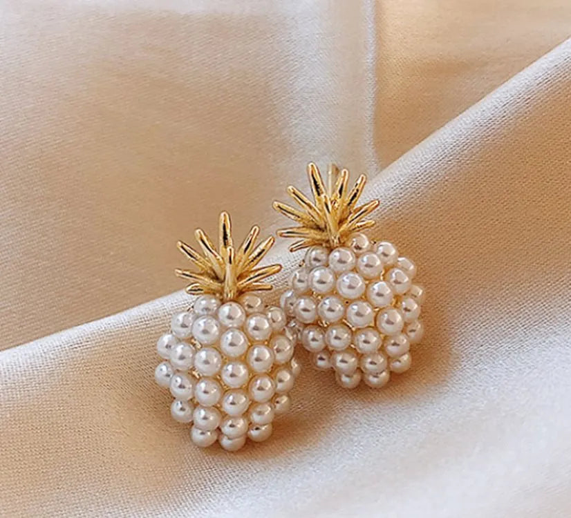 Korean style pineapple starfish pearl earrings in alloy with electroplated finish and stone inlay