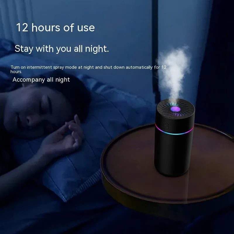 USB car mini humidifier with aromatherapy function in black or white, showing compact design for vehicle use