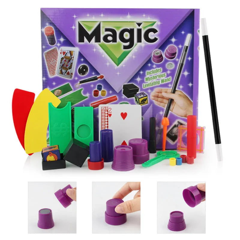 Purple and Red plastic magic toy prop set for children aged 3-7 in carton box