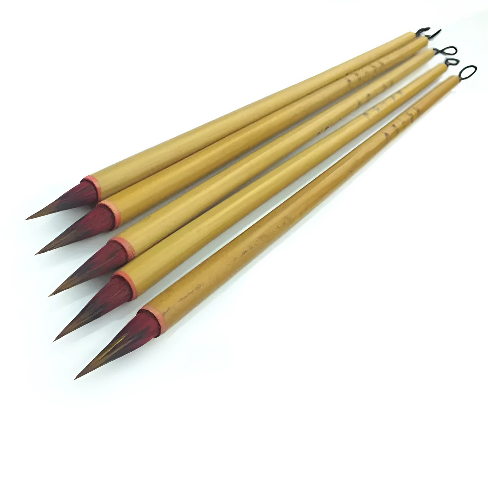 Small red-haired writing brush with a 23cm long handle on a flat surface.