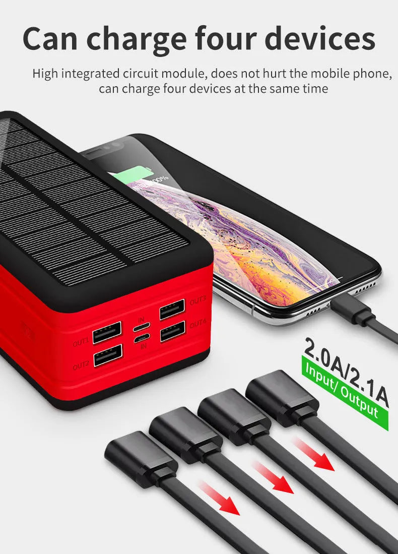 Solar wireless power bank in black with orange accents, showing solar panel and dimensions.