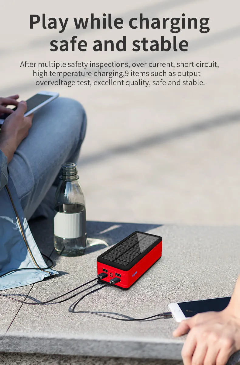 Solar wireless power bank in black with orange accents, showing solar panel and dimensions.