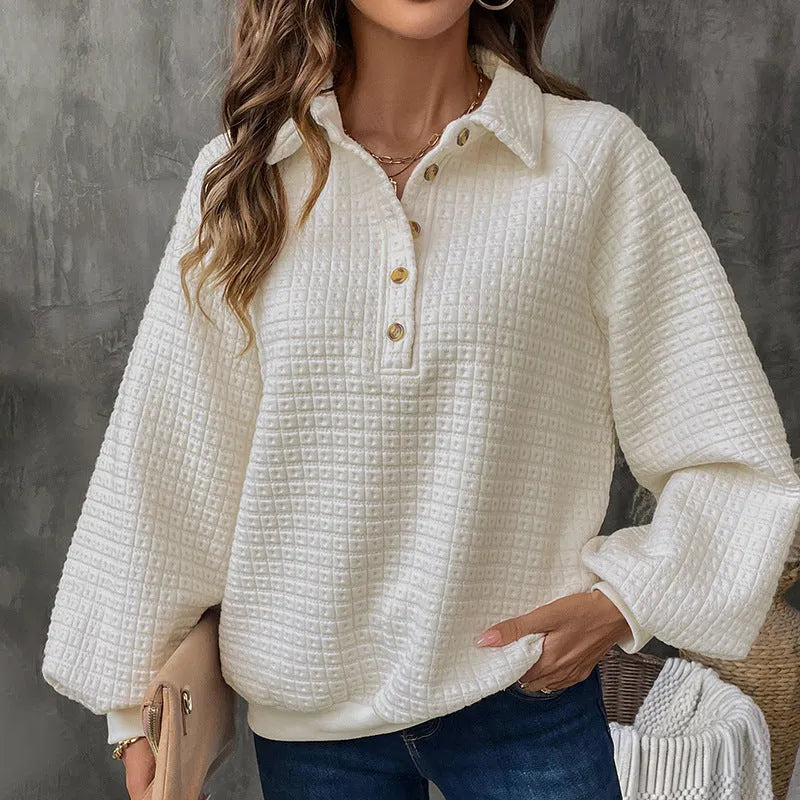 Women's solid colour polo collar sweater with long sleeves in milky white, showing thickened texture and pullover style.