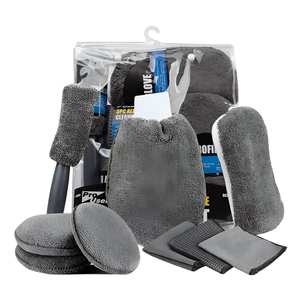Nine-piece grey microfiber car wash set with gloves, sponge, brush, towels, and waxing wipes