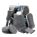 Nine-piece grey microfiber car wash set with gloves, sponge, brush, towels, and waxing wipes