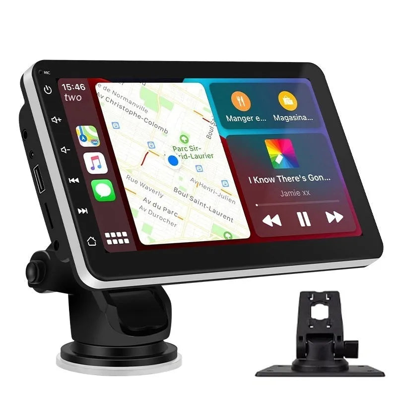 7-inch wireless CarPlay GPS navigation system with reversing camera on a car windscreen bracket.