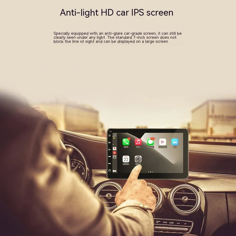 7-inch wireless CarPlay GPS navigation system with reversing camera on a car windscreen bracket.