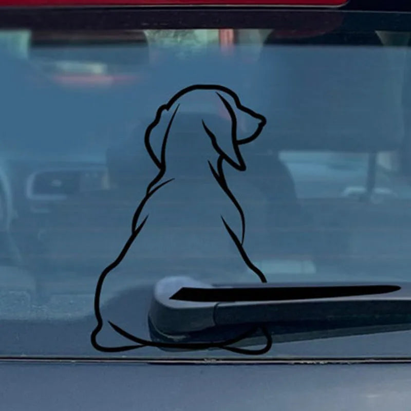 Cartoon dog with rear gear car window sticker in black or white on glass