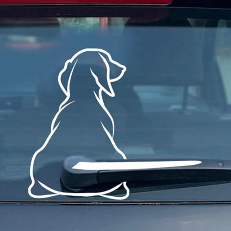 Cartoon dog with rear gear car window sticker in black or white on glass