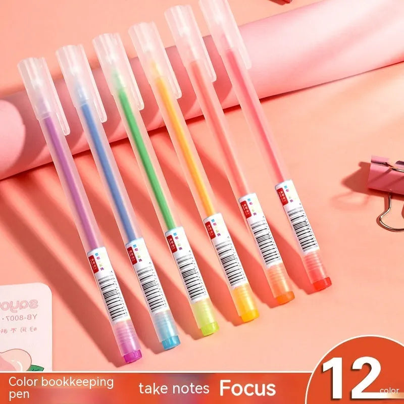 Boxed set of twelve coloured gel pens with 0.5mm fine points on a white background.