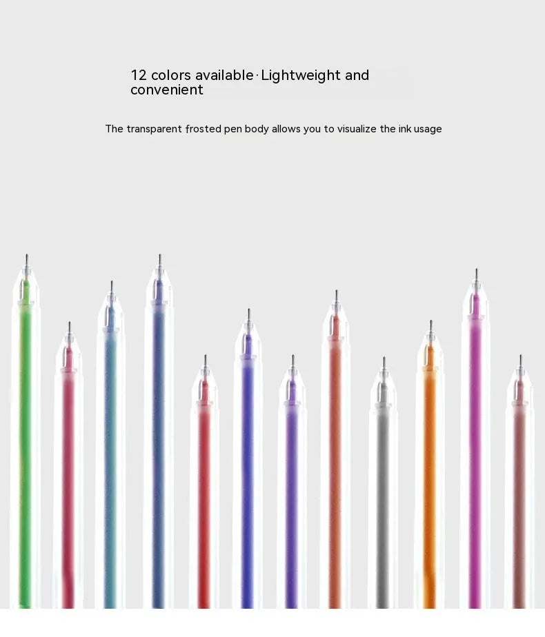 Boxed set of twelve coloured gel pens with 0.5mm fine points on a white background.