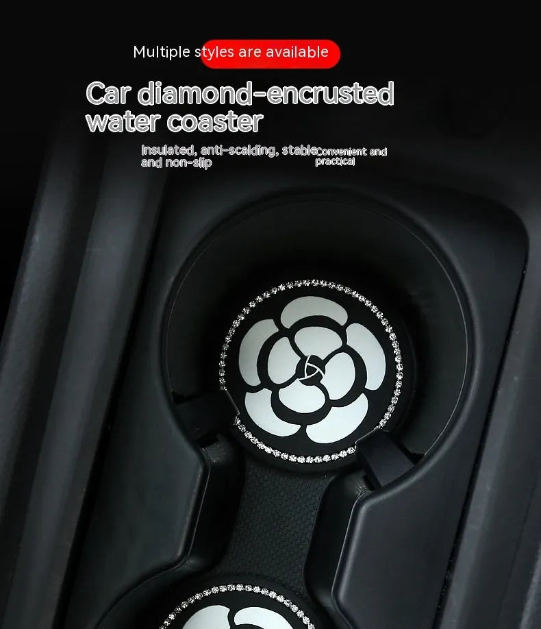 Black and white checkerboard plastic car cup mat placed in a vehicle door slot.