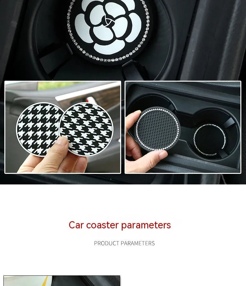 Black and white checkerboard plastic car cup mat placed in a vehicle door slot.