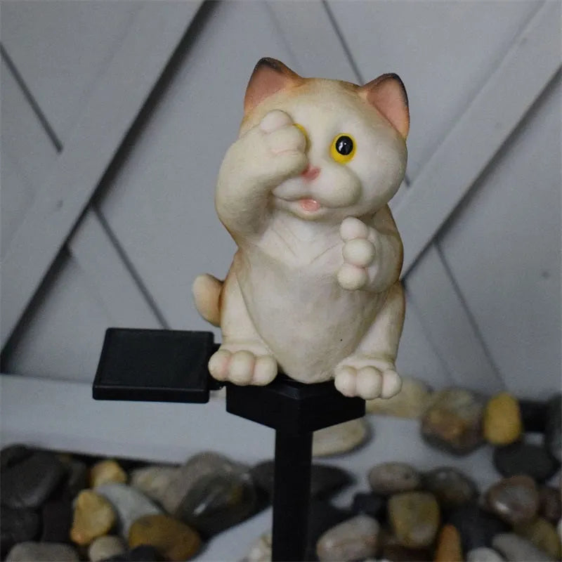 Brown cat-shaped solar lawn light with LED illumination for garden decoration