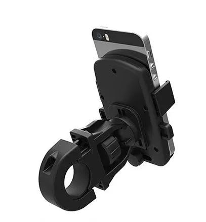 Black ABS plastic bicycle phone holder with rope security system mounted on handlebars