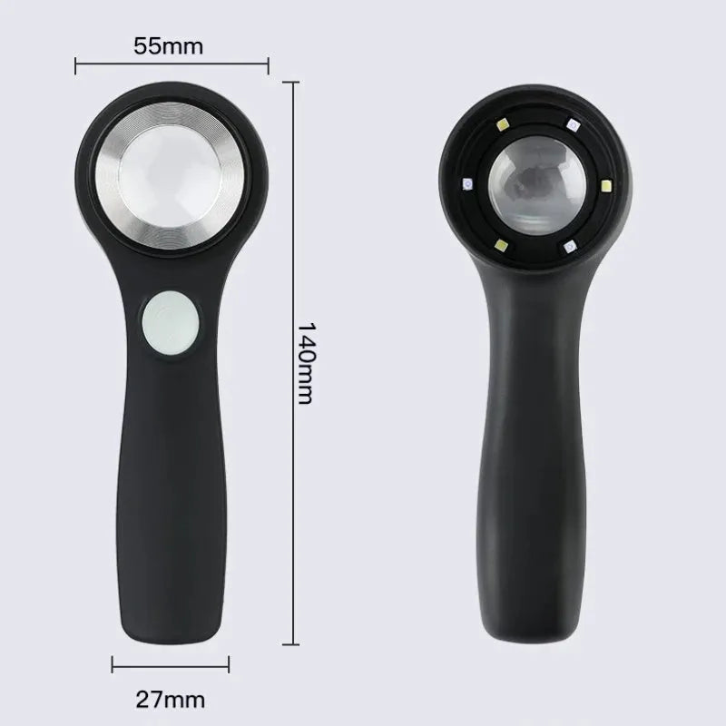 Black and silver jewellery appraisal magnifying glass with optical glass lens and USB-C cable on a table.
